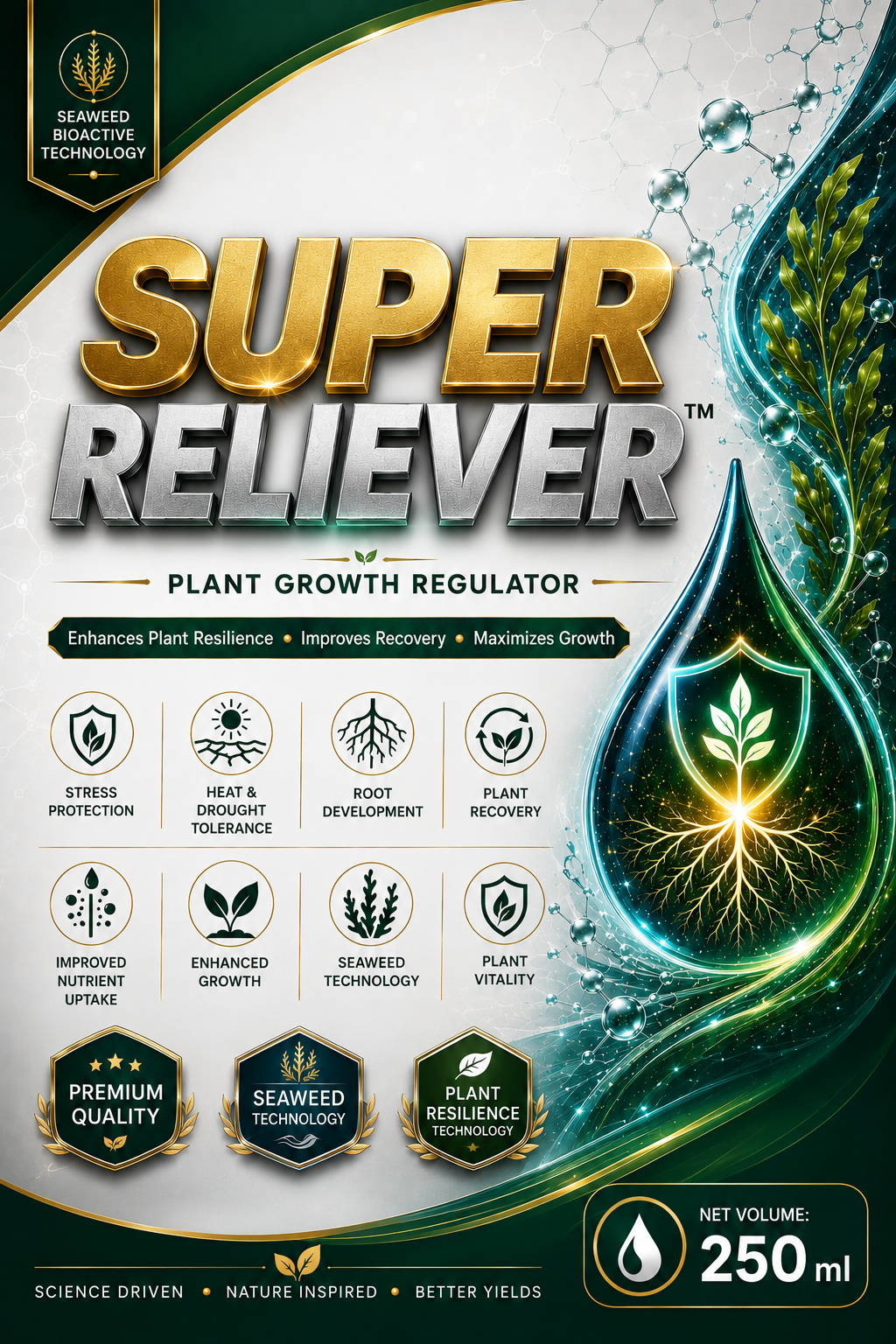 Super Reliever seaweed-based stress-recovery plant growth regulator product label